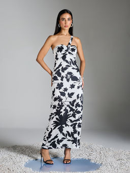 RSVP by Nykaa Fashion - White And Black Floral One Shoulder Strap Maxi Dress