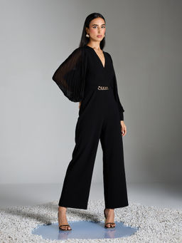 RSVP by Nykaa Fashion - Black Solid V Neck Full Sleeve Straight Fit Jumpsuit