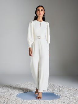 RSVP by Nykaa Fashion - White Solid Round Neck Puff Sleeve Jumpsuit