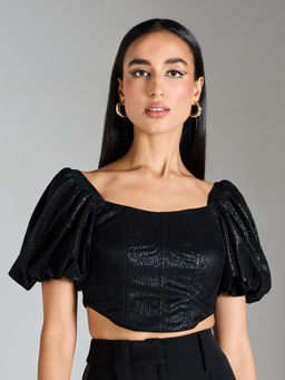 RSVP by Nykaa Fashion - Black Solid Square Neck Puff Sleeve Crop Corset Top