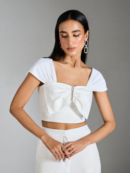 RSVP by Nykaa Fashion - White Solid Bow Detail Square Neck Crop Top