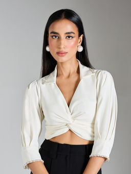 RSVP by Nykaa Fashion - White Solid Twist Detail Collar Neck Three Fourth Sleeve Crop Top