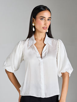 RSVP by Nykaa Fashion - White Solid Puff Sleeve Shirt