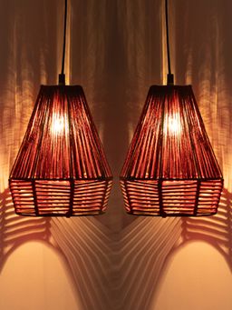 ExclusiveLane - Jute Sensations Handwoven Pyramidal Hanging Pendant Lamp In Jute & Iron (Set of 2)