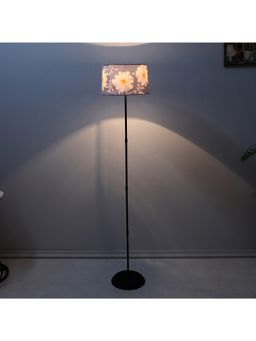 Tu Casa - Blue Black Metal-Iron Base Foldable Floor Lamp With Narcissue Floral Print & Satin Shade