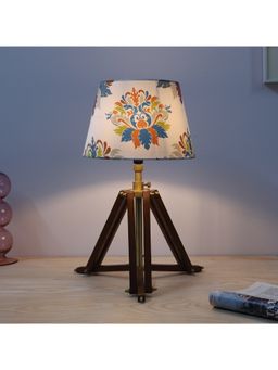 Tu Casa - White Vintage Tripod Brown Mangowood Table Lamp For Home Decoration