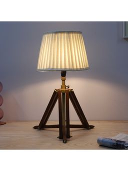 Tu Casa - Off White Vintage Tripod Brown Mangowood Table Lamp For Home Decoration