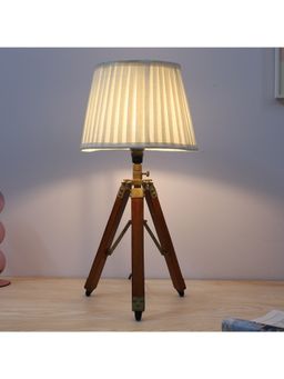 Tu Casa - Off White Classic Vintage Tripod Brown Mangowood Table Lamp For Home Decoration