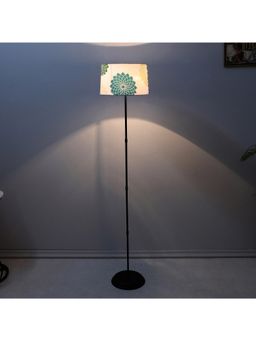 Tu Casa - White Black Metal-Iron Base Foldable Floor Lamp With Dahlia Floral Print & Satin Shade