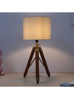 Tu Casa - Off White Classic Vintage Tripod Brown Mangowood Table Lamp For Home Decoration