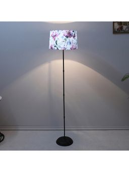 Tu Casa - White Black Metal-Iron Base Foldable Floor Lamp With Cobra Saffron Print & Satin Shade