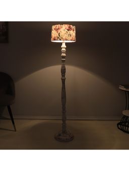 Tu Casa - Classic Rustic White Mango Wood Base Floor Lamp With Cobra Saffron Print & Satin Shade
