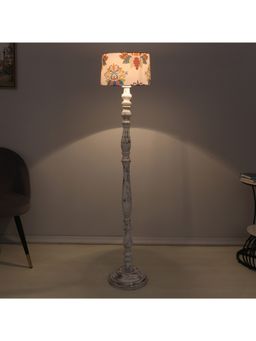 Tu Casa - Classic Rustic White Mango Wood Base Floor Lamp With English Oak Print & Satin Shade