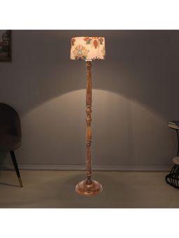 Tu Casa - White Classic Tan Mango Wood Base Floor Lamp With English Oak Print For Bedroom