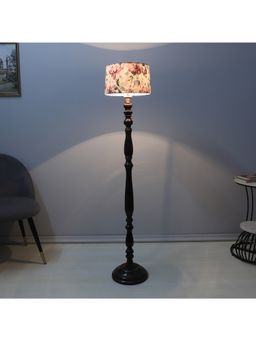 Tu Casa - White Classic Vintage Brown Mango Wood Base Floor Lamp With Cobra Saffron Print