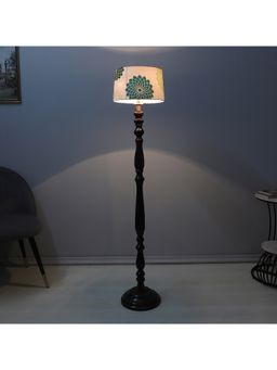 Tu Casa - White Classic Vintage Brown Mango Wood Base Floor Lamp With Dahlia Floral Print