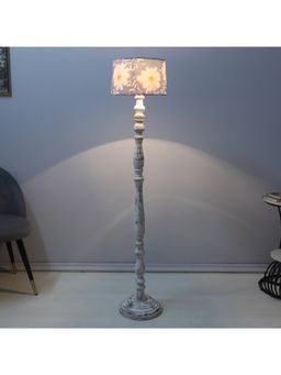 Tu Casa - Blue Classic Rustic White Mango Wood Base Floor Lamp With Narcissue Floral Print
