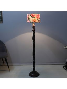 Tu Casa - White Classic Vintage Brown Mango Wood Base Floor Lamp With Carnation Print