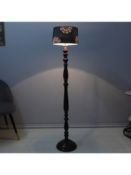 Tu Casa - Navy Blue Classic Vintage Brown Mango Wood Base Floor Lamp With French Floral Print