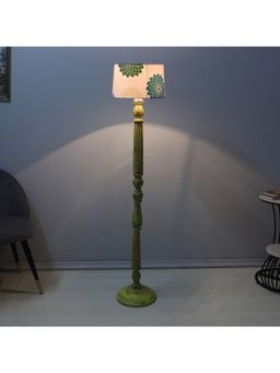 Tu Casa - White Classic Rustic Yellow Mango Wood Base Floor Lamp With Dahlia Floral Print