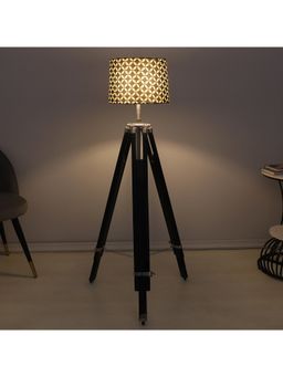 Tu Casa - Vintage Tripod Black Mango Wood Base Floor Lamp With Geometric Print & Satin Shade