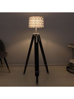 Tu Casa - Blue Vintage Tripod Black Mango Wood Base Floor Lamp With Ikkat Print & Satin Shade