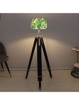 Tu Casa - Green Vintage Tripod Black Mango Wood Base Floor Lamp With Palm Print For Bedroom