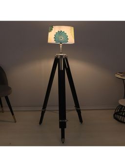 Tu Casa - White Vintage Tripod Black Mango Wood Base Floor Lamp With Dahlia Floral Print