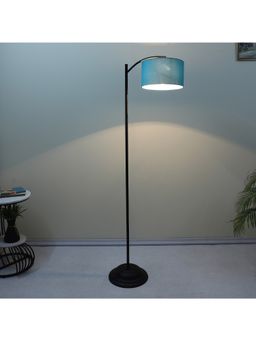 Tu Casa - Blue Modern Lamppost Style Black Iron Base Floor Lamp With Aqua & Cotton Shade