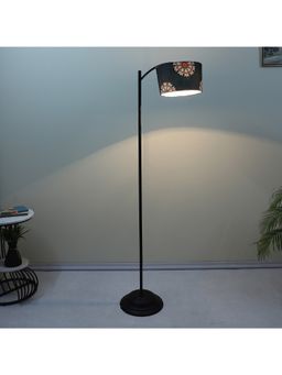 Tu Casa - Navy Blue Modern Lamppost Style Black Iron Base Floor Lamp With French Floral Print