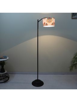 Tu Casa - White Modern Lamppost Style Black Iron Base Floor Lamp With Dahlia Floral Print