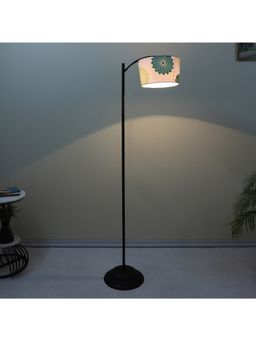 Tu Casa - White Modern Lamppost Style Black Iron Base Floor Lamp With Dahlia Floral Print