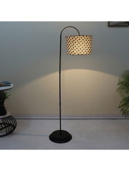 Tu Casa - Downlighter Modern Black Iron Base Floor Lamp With Geometric Print & Satin Shade