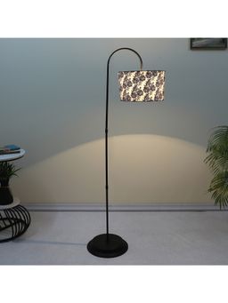 Tu Casa - White Downlighter Modern Black Iron Base Floor Lamp With Filigree Print & Satin Shade