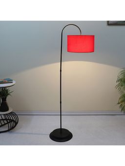 Tu Casa - Downlighter Modern Black Iron Base Floor Lamp With Red & Cotton Shade For Bedroom