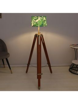 Tu Casa - Green Vintage Tripod Brown Mango Wood Base Floor Lamp With Palm Print & Satin Shade
