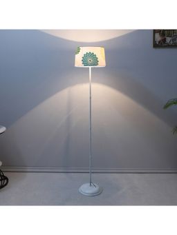 Tu Casa - White Metal-Iron Base Foldable Floor Lamp With Dahlia Floral Print & Satin Shade