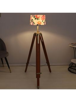 Tu Casa - White Vintage Tripod Brown Mango Wood Base Floor Lamp With Carnation Print