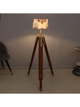 Tu Casa - White Vintage Tripod Brown Mango Wood Base Floor Lamp With English Oak Print