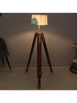 Tu Casa - White Vintage Tripod Brown Mango Wood Base Floor Lamp With Dahlia Floral Print