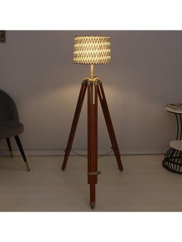Tu Casa - Multi-Color Vintage Tripod Brown Mango Wood Base Floor Lamp With Chevron Print