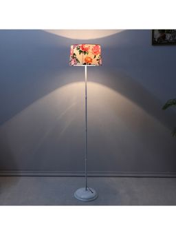 Tu Casa - White Metal-Iron Base Foldable Floor Lamp With Carnation Print & Satin Shade For Bedroom