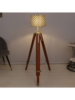 Tu Casa - Black Vintage Tripod Brown Mango Wood Base Floor Lamp With Geometric Print
