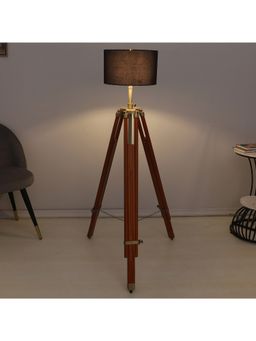 Tu Casa - Vintage Tripod Brown Mango Wood Base Floor Lamp With Black & Cotton Shade For Bedroom