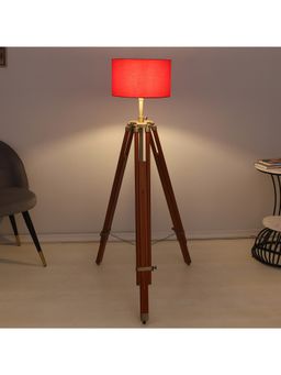 Tu Casa - Vintage Tripod Brown Mango Wood Base Floor Lamp With Red & Cotton Shade For Bedroom