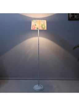 Tu Casa - White Metal-Iron Base Foldable Floor Lamp With Floral Print & Satin Shade For Bedroom