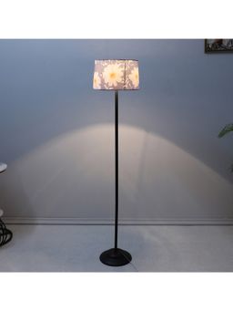Tu Casa - Blue Black Metal-Iron Base Foldable Floor Lamp With Narcissue Floral Print & Satin Shade