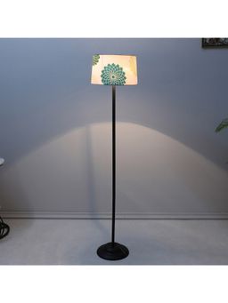 Tu Casa - White Black Metal-Iron Base Foldable Floor Lamp With Dahlia Floral Print & Satin Shade