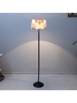 Tu Casa - White Black Metal-Iron Base Foldable Floor Lamp With English Oak Print & Satin Shade
