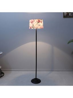 Tu Casa - White Black Metal-Iron Base Foldable Floor Lamp With Cobra Saffron Print & Satin Shade